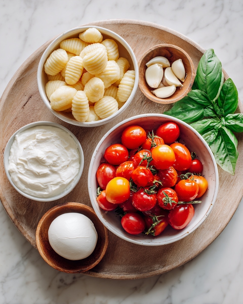 A top view of five bowls placed on a white marbled surface. The largest bowl in the center is white and filled with bright red and orange cherry tomatoes, smooth and shiny. To the top left, a white bowl holds light yellow gnocchi with soft ridges. Next to it, green basil leaves with a smooth texture rest on the surface. On the right, a small wooden bowl contains several pale garlic cloves with thin skins. Below the tomatoes, a small white bowl has a single large ball of burrata cheese, smooth and white. To the left, another small wooden bowl contains creamy white heavy cream, smooth and thick. These bowls are arranged on a round wooden tray, showing natural wood grain. Photo taken with an iphone --ar 4:5 --v 7