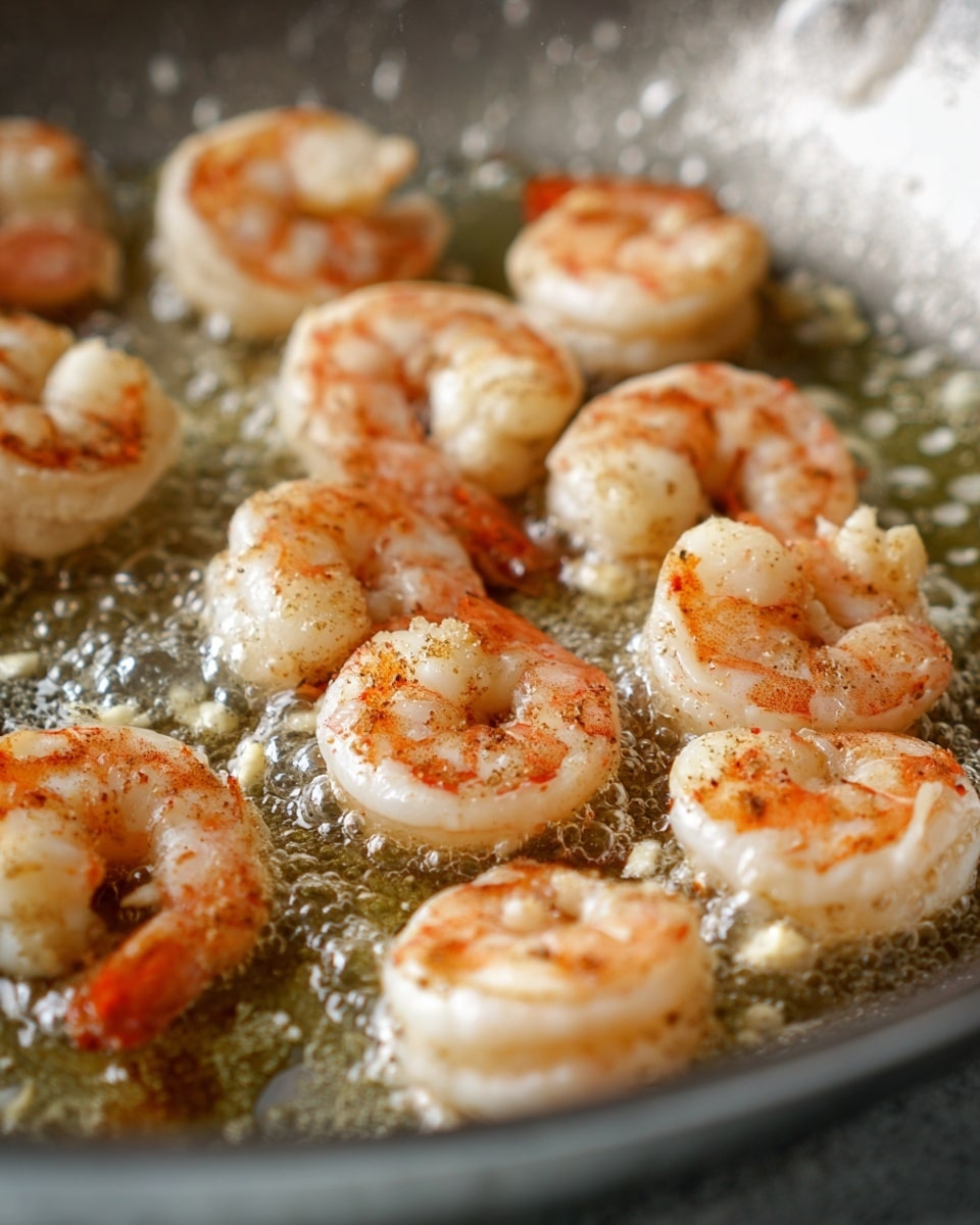 The image shows a close-up of a shiny metal pan filled with cooked shrimp. The shrimp are pinkish-white with a slightly brown surface, arranged scattered on the bottom of the pan. The pan has bits of garlic and oil coating the surface, giving it a glistening look with small bubbles and light reflections. The background shows the inside texture of the pan with a few darker spots where the oil has cooked. The setting is simple, with a clear focus on the shrimp and the cooking process. photo taken with an iphone --ar 4:5 --v 7