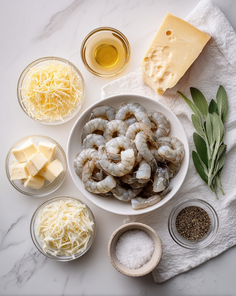 In the center, there is a white bowl filled with raw, grayish shrimp arranged in a layered pile showing their curved shape and slightly translucent texture. Surrounding the bowl are small clear glass bowls holding different ingredients: pale yellow butter cubes, shredded yellow and white cheese, and white cream. There is also a small glass container with golden brown liquid, and clear bowls with ground black pepper combined with white salt and plain black pepper. A block of hard yellow cheese is placed alongside the bowls, and a fresh green herb sprig rests on the white marbled surface near the top right. All items are set on a white cloth over the white marbled surface for a clean, fresh look. photo taken with an iphone --ar 4:5 --v 7
