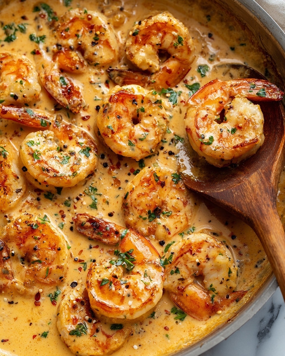 This image shows a close-up of about ten large shrimp cooked in a creamy sauce with a light orange color. The shrimp are lightly browned and curled, scattered evenly in the sauce with small green parsley pieces sprinkled on top. A wooden spoon appears on the right side, partially covered in the sauce and resting among the shrimp. The sauce looks thick and smooth with pepper specks, giving the dish a rich texture. The background is a white marbled texture photo taken with an iphone --ar 4:5 --v 7