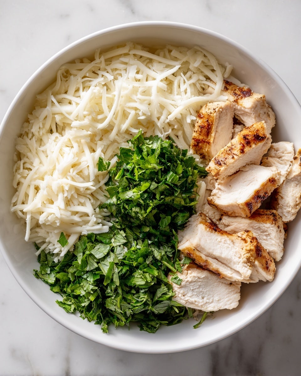 A white bowl sits on a white marbled surface, filled with three main layers arranged side by side. On the left is a pile of shredded white cheese with a soft, stringy texture. Below the cheese is a small mound of fresh, chopped green herbs, likely cilantro, with a leafy and vibrant look. On the right side of the bowl, there are several pieces of cooked, sliced chicken with a golden-brown outside and a tender, light inside, showing some grill marks. The ingredients fill the bowl evenly without overlapping much. photo taken with an iphone --ar 4:5 --v 7