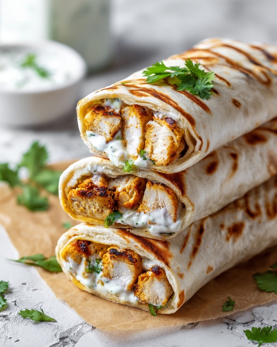 Two neatly rolled wraps with light golden brown grill marks are placed side by side on a black ridged grill pan. The wraps are light beige with a soft, slightly toasted texture. A few bright green cilantro leaves are casually placed over and around the wraps, adding a fresh pop of color. The grill pan is set on a white marbled surface, enhancing the clean and fresh look of the scene. photo taken with an iphone --ar 4:5 --v 7