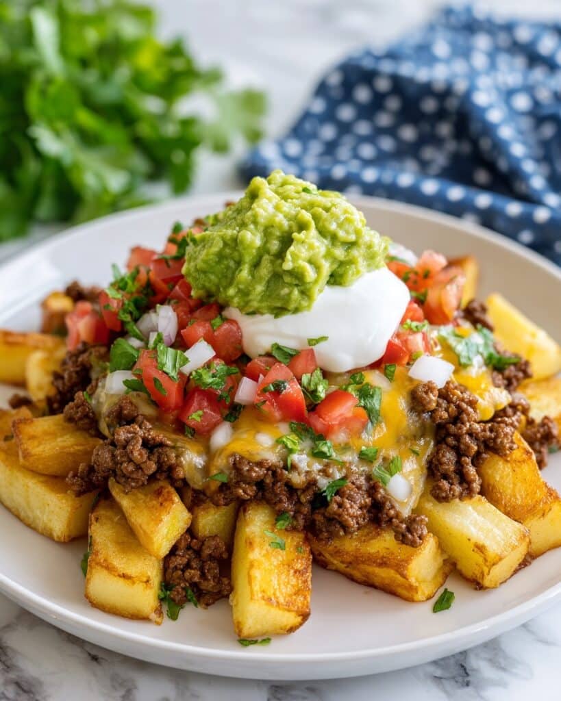 Crispy Taco Potatoes with Seasoned Ground Beef and Cheesy Toppings Recipe