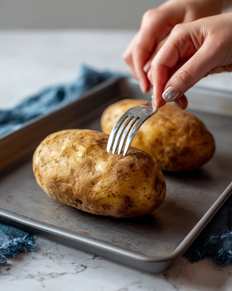 A close-up image showing two large brown potatoes with rough skin placed on a grey baking tray. A woman's hand on the left is holding one potato steady, while the other woman's hand on the right uses a silver fork to poke holes into the potato. The tray rests on a white marbled surface with a small piece of blue cloth visible on one side. The lighting is soft, highlighting the texture of the potatoes and the metal fork. photo taken with an iphone --ar 4:5 --v 7
