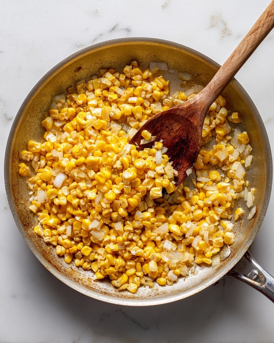 A silver metal pan filled with cooked yellow corn kernels mixed with small pieces of white onion, all stirred by a worn wooden spoon with some corn stuck to it, resting inside the pan. The pan is on a white marbled surface, and the corn and onions look soft and slightly shiny from cooking. Steam rises gently from the pan, showing heat. Photo taken with an iphone --ar 4:5 --v 7