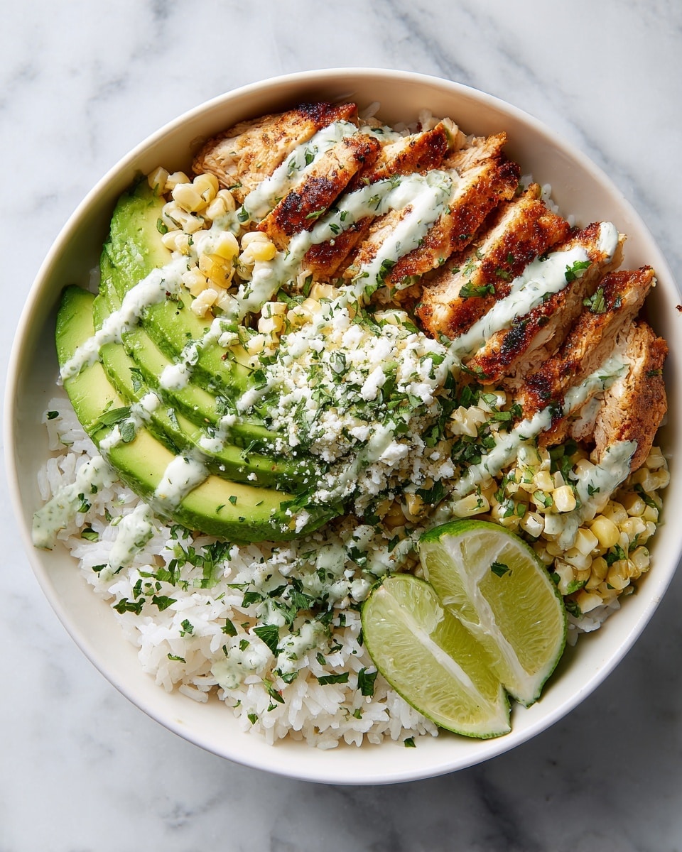 A white bowl sits on a white marbled surface filled with layers of food. The base layer is white rice with chopped green herbs scattered on top. Above the rice, there are pieces of grilled chicken with a golden-brown crust. On top of the chicken are slices of bright green avocado neatly layered in a fan shape on both sides. Next, there is a generous pile of seasoned corn kernels with bits of herbs mixed in, placed in the center of the bowl. Drizzled over the dish is a creamy white sauce. On the right side, two wedges of fresh green lime rest on the rice, adding a touch of brightness. The whole dish is sprinkled with white crumbled cheese and more chopped herbs for garnish. photo taken with an iphone --ar 4:5 --v 7