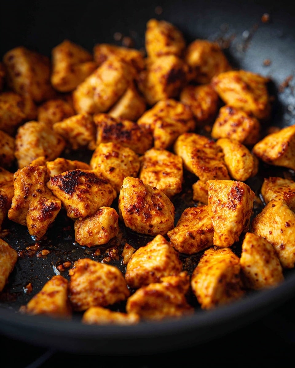 The image shows many small pieces of cooked chicken in a black pan. The chicken pieces are golden brown with a reddish-brown spice coating. The pan also has small spots of reddish oil and spices scattered around the chicken pieces. The texture of the chicken looks slightly crispy on the outside but tender inside. The scene is close up, filling the frame with the chicken pieces and pan surface photo taken with an iphone --ar 4:5 --v 7