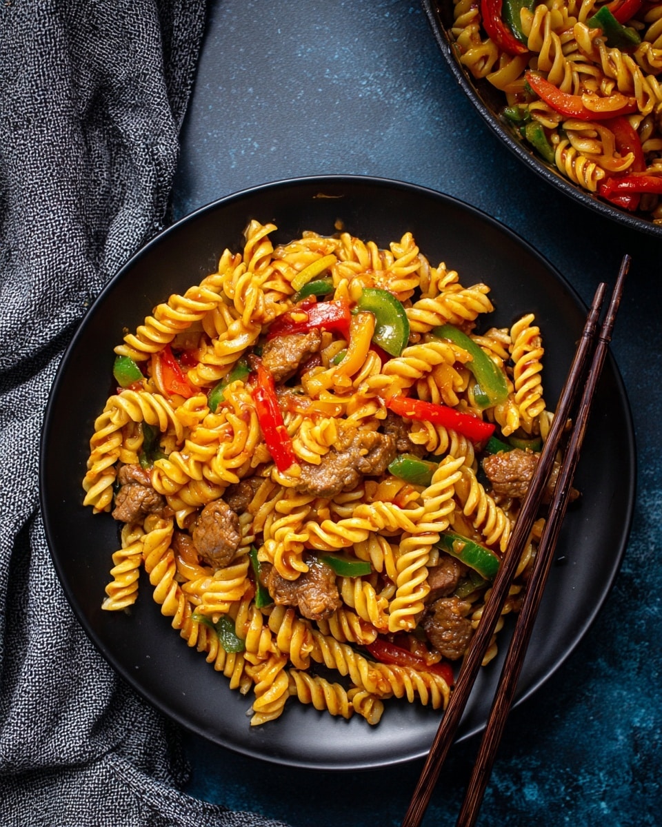 On a white plate, there is one layer of spiral pasta cooked to a soft texture in light brown sauce. Mixed throughout are small pieces of light brown cooked chicken with a slightly crispy outer texture. Bright green strips of cooked bell pepper and chunks of red bell pepper add color and freshness scattered evenly on top and within the pasta. A dark spoon rests inside the plate, slightly buried in the food. The food sits on a white marbled surface with a gray-blue cloth folded nearby. photo taken with an iphone --ar 4:5 --v 7