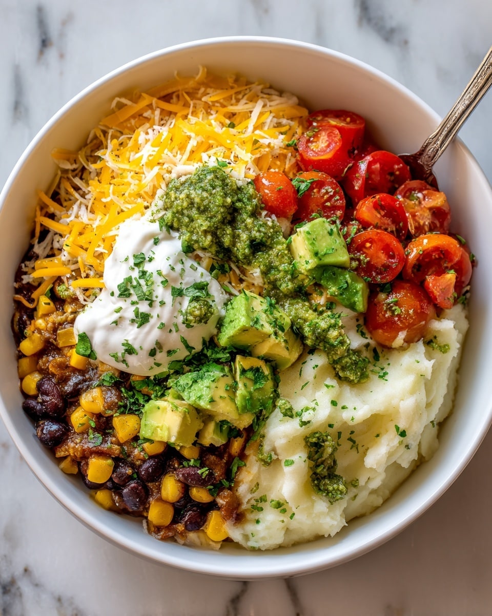 A white bowl filled with three main layers: at the bottom, a mix of black beans, yellow corn, and browned vegetables; in the middle, creamy white mashed potatoes spread thickly around the edges; on top, bright orange shredded cheese partially covering the potatoes, dollops of white sour cream, green chunks of avocado, and halved red cherry tomatoes. There are also small spoonfuls of green pesto sauce placed over the sour cream and vegetables, sprinkled with finely chopped green herbs. The bowl sits on a white marbled surface. Photo taken with an iphone --ar 4:5 --v 7