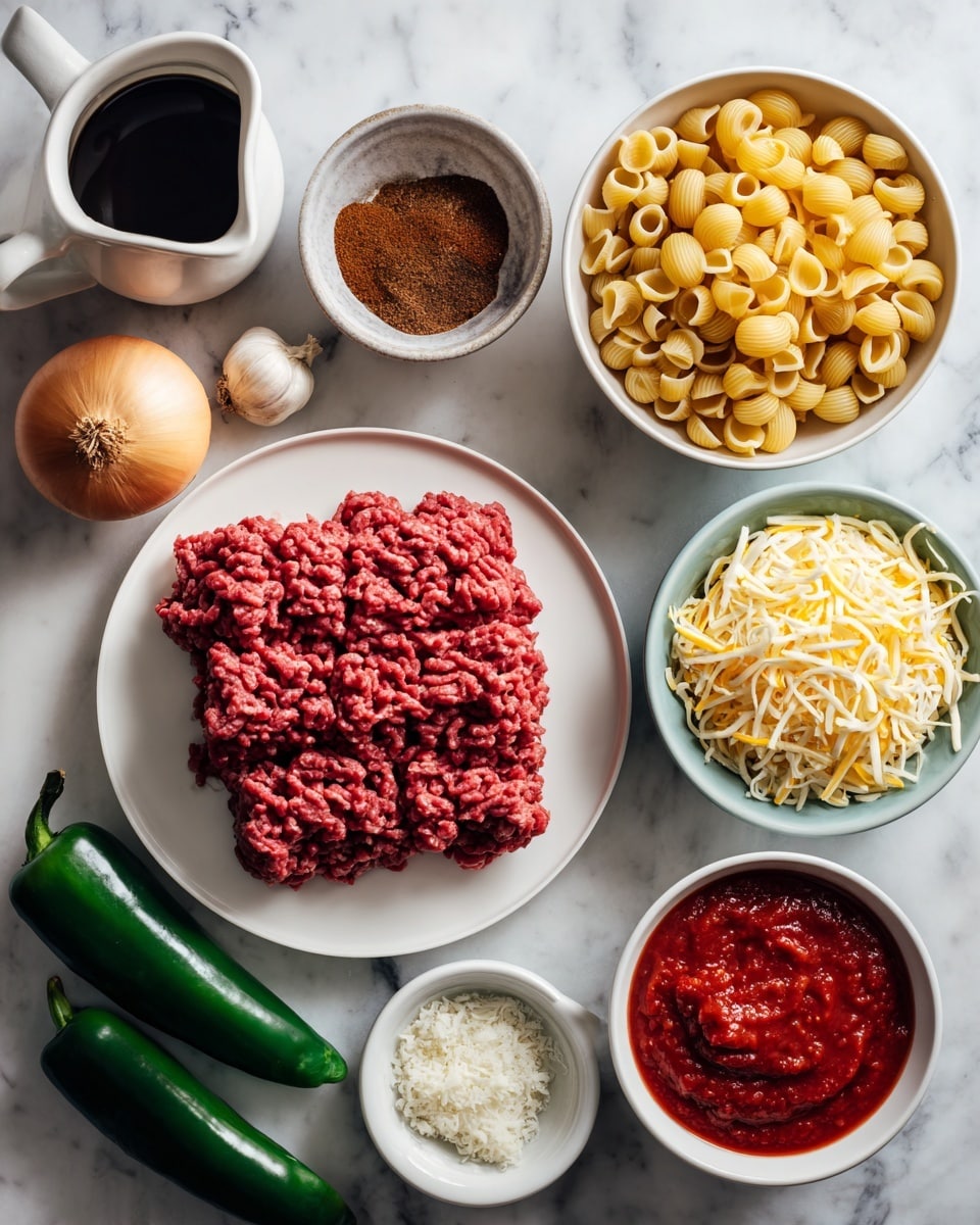 In the image, there are several white bowls and plates placed on a white marbled surface. One white plate holds two layers of raw ground meat, each layer a deep red color with a slightly rough texture. Next to it, there is a white bowl filled with yellowish dry pasta shells. Another white bowl contains shredded cheese with a light yellow color. A white bowl holds brown chili powder, another bowl has dark red thick sauce, and a third white bowl contains minced garlic with a pale color. A light blue bowl filled with chunky red tomato sauce sits near two dark green jalapeño peppers and one whole green bell pepper. Lastly, a white pitcher holds a dark brown liquid, and a whole white onion rests to the left near other ingredients. photo taken with an iphone --ar 4:5 --v 7
