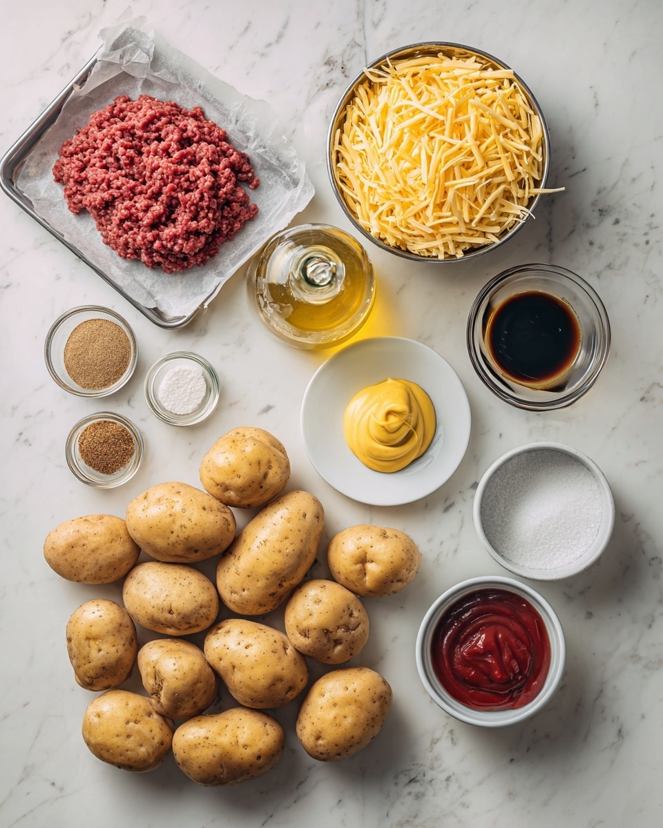 The image shows several cooking ingredients arranged neatly on a white marbled surface. At the bottom, there are many light brown potatoes spread out in various sizes. Above them, a white plate holds a small, smooth yellow mustard dollop. To the left, ground red meat rests on parchment paper inside a metal tray. In the top middle, there is a metal measuring cup filled with long, thin, orange-yellow shredded cheese. Just above the cheese is a glass bottle of light golden olive oil and a small glass bowl with dark soy sauce. Two tall glass spice jars lie horizontally near the top left corner labeled garlic powder and chili powder, with one powder beige and the other reddish-brown. A small white container of salt and another white bowl with thick red sauce complete the scene. Photo taken with an iphone --ar 4:5 --v 7