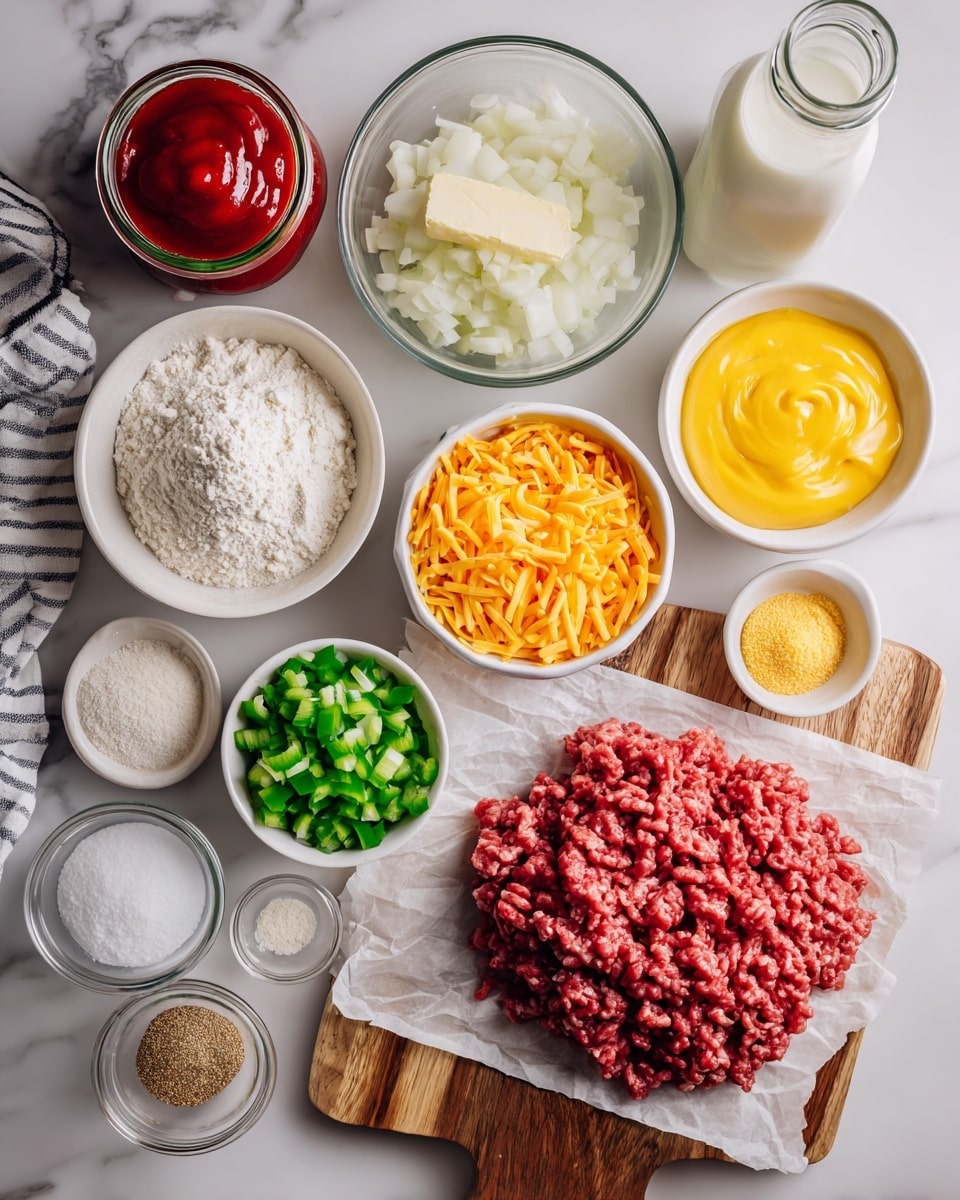 The image shows various ingredients neatly arranged on a white marbled surface. In the bottom right corner, there is a layer of ground meat on white parchment paper placed on a wooden board. Surrounding it are small white bowls filled with chopped green bell peppers, shredded orange cheddar cheese, and diced white onions. Next to these are glass bowls containing smooth yellow melted butter, rich red ketchup, and translucent white flour. Smaller glass bowls hold white salt, light brown brown sugar, off-white garlic powder, and yellow mustard powder. Additionally, a small glass jar with red tomato sauce and a glass bottle containing white milk with a striped cloth are visible in the top part of the frame, along with a single white egg. photo taken with an iphone --ar 4:5 --v 7