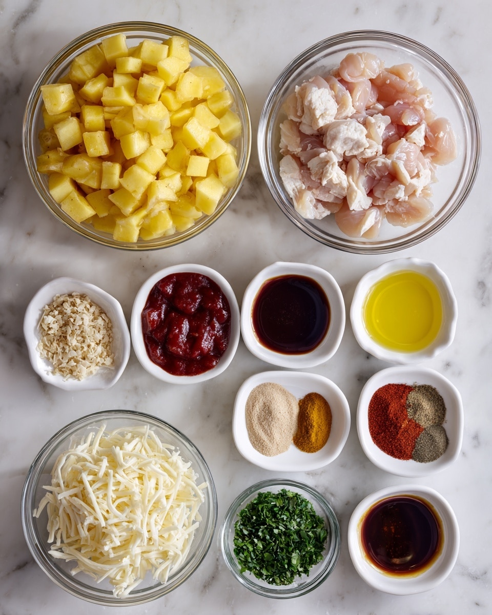 The image shows a top-down view of various ingredients in clear glass and small white bowls arranged neatly on a white marbled surface. At the top left, there is a large bowl filled with diced yellow potatoes, and below it, another large bowl holds pieces of raw pale pink chicken. To the right of these, there are eight smaller white bowls in a grid pattern containing different sauces, spices, and herbs: dark red BBQ sauce, dark brown Worcestershire sauce, bright yellow olive oil, reddish-brown smoked paprika, pale beige garlic powder, light brown onion powder, coarse brown sugar mixed with salt and pepper, and chopped dark green parsley. At the center-bottom, there is a medium sized clear bowl filled with shredded white mozzarella cheese. Each item is clearly labeled with bold black text above or beside the bowls. The photo was taken with an iphone --ar 4:5 --v 7