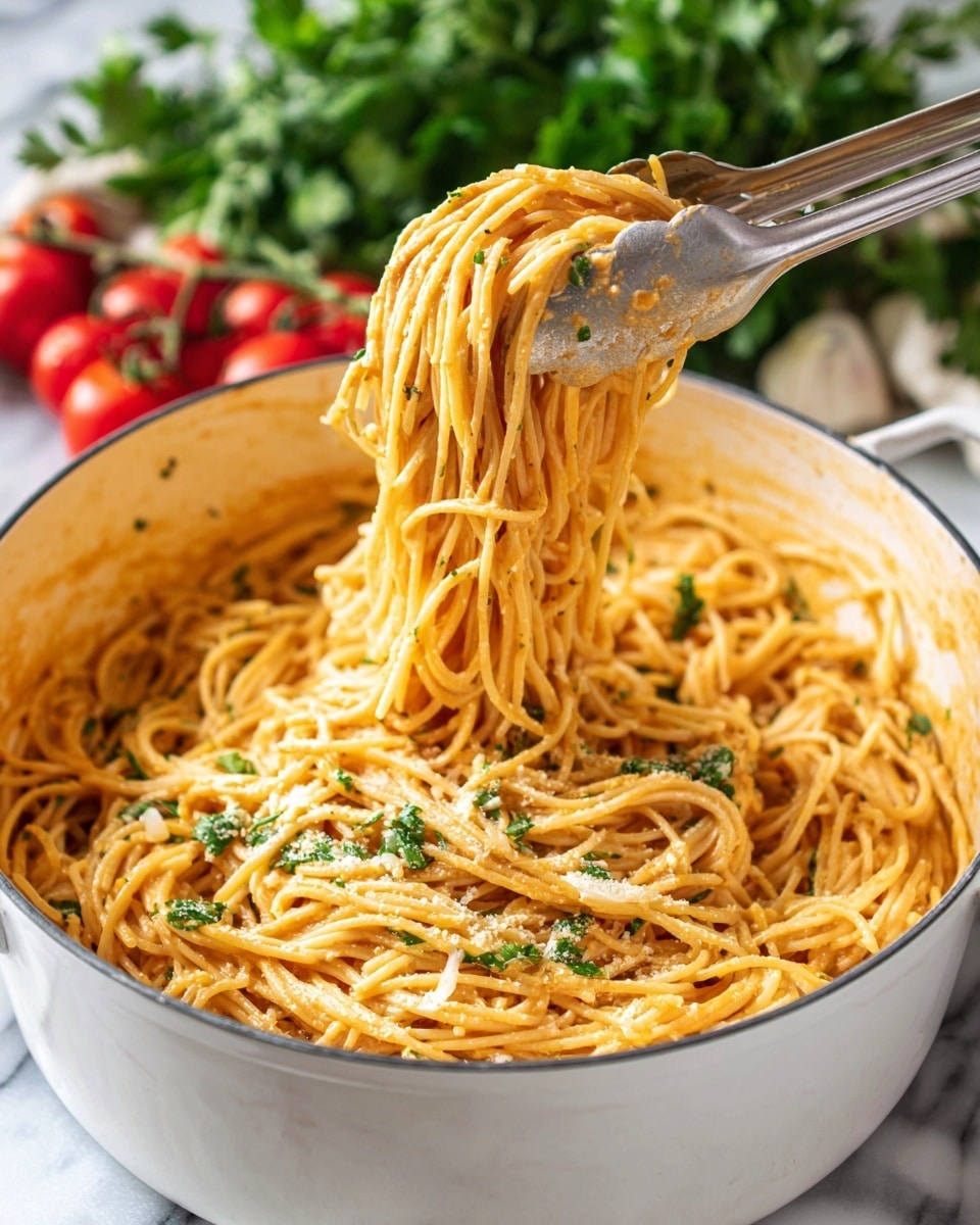 The image shows a large white pot filled with spaghetti noodles coated in a light orange creamy sauce with tiny green herb bits mixed evenly throughout. A pair of silver tongs is lifting a thick bundle of the spaghetti from the center of the pot, showing the smooth and slightly thick sauce clinging to the pasta strands. Behind the pot, there are blurred fresh green leafy herbs and red tomatoes on a white marbled surface, adding a fresh look. The overall scene is bright and cozy, highlighting the creamy pasta texture and colors photo taken with an iphone --ar 4:5 --v 7