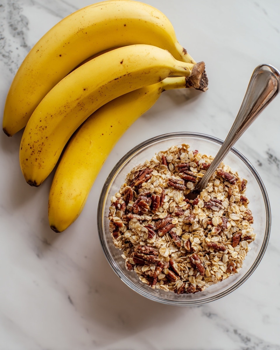 A clear glass bowl sits on a white marbled textured surface, filled with a mixture of light brown oats and darker brown pecan pieces, creating a rough and chunky texture. A silver spoon rests inside the bowl, partly buried in the oat mixture. Next to the bowl, there is a bunch of four yellow bananas with some small brown spots, their smooth texture contrasting with the oat mixture. Photo taken with an iphone --ar 4:5 --v 7