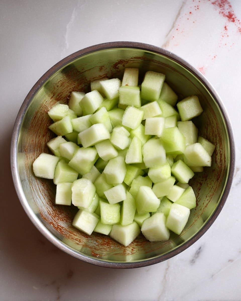 The image shows a silver metal bowl filled with small, light green cubes of peeled fruit or vegetable, scattered unevenly inside. The bowl's interior has a smooth texture, with brownish residue lightly coating the bottom and sides, creating a contrast with the pale green cubes. The bowl sits on a white marbled textured surface with a splash of red visible at the top right corner. Photo taken with an iphone --ar 4:5 --v 7