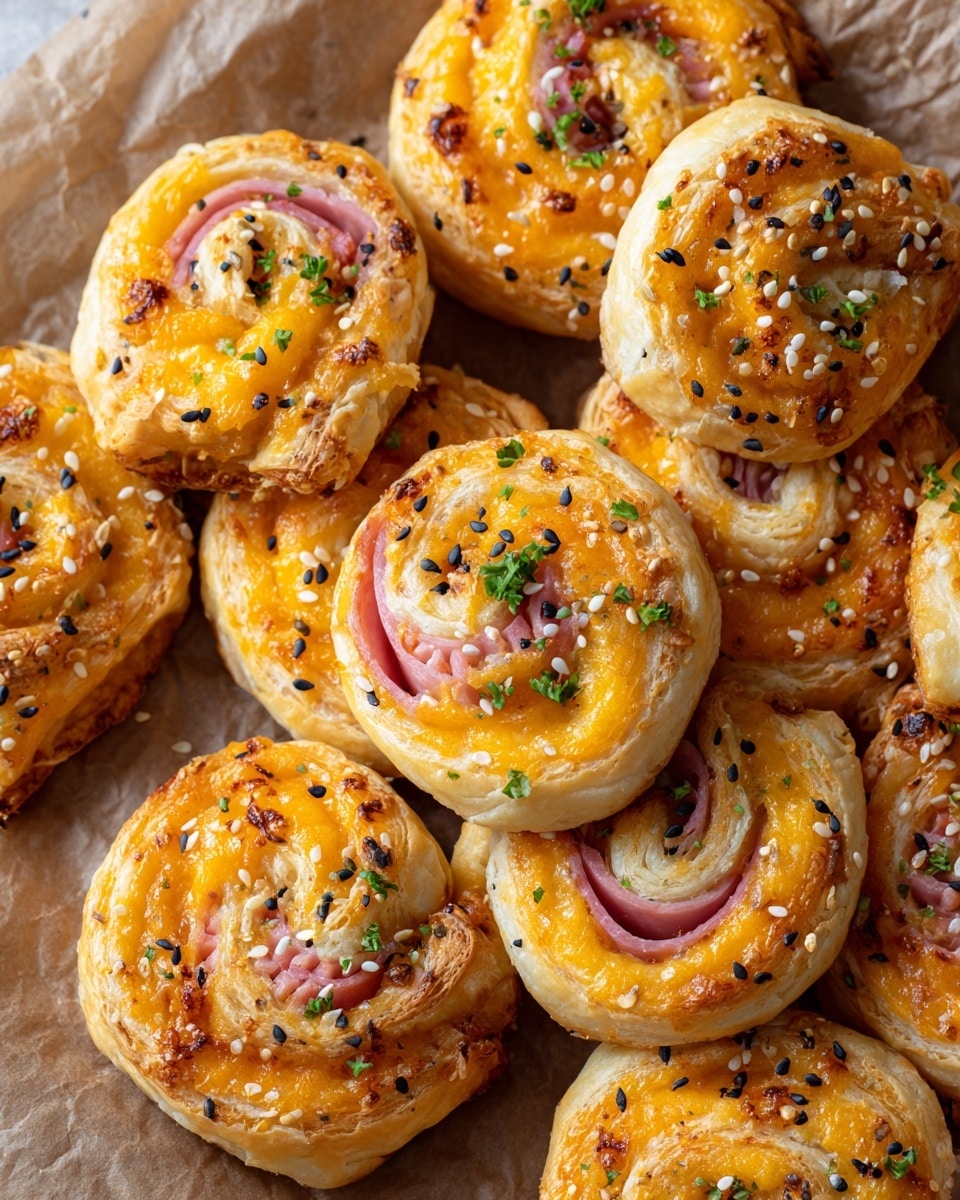 The image shows a close-up view of many baked puff pastry pinwheels arranged together. Each pinwheel has about three visible spiral layers: a light golden-brown outer layer of flaky pastry, a middle layer of melted orange-yellow cheese, and an inner layer of thin pink ham. The pinwheels are sprinkled with white and black sesame seeds and small bits of green herbs on top. They are placed on a sheet of brown parchment paper, with the background changed to a white marbled texture. The pinwheels look crispy and slightly browned on the edges, with a soft texture inside. photo taken with an iphone --ar 4:5 --v 7