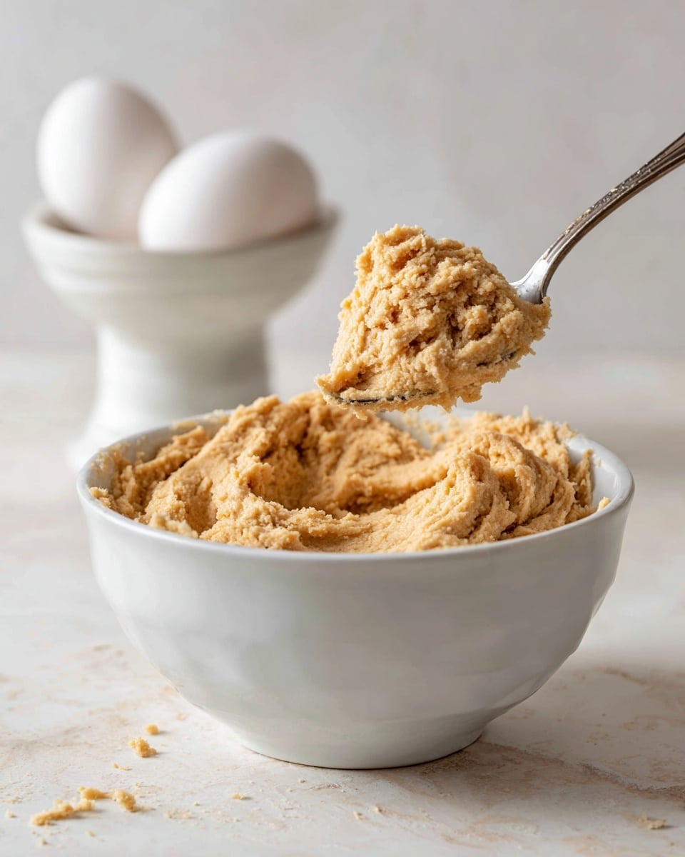A white bowl filled with a thick, light brown dough mixture, with some stuck on the sides of the bowl. A spoon inside the bowl lifts a large scoop of the dough, showing its soft and slightly crumbly texture. In the background, a white egg holder holds two white eggs. The scene is set on a white marbled surface with soft lighting. photo taken with an iphone --ar 4:5 --v 7