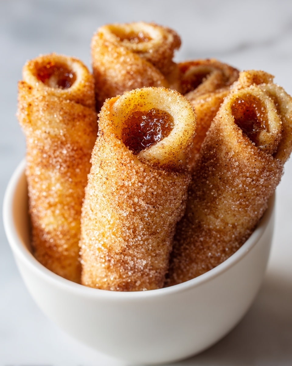 The image shows a close-up of several rolled pastries standing upright in a white bowl. Each pastry has about two visible layers: a golden brown dough exterior speckled with cinnamon and sugar, and an inner layer of sticky, shiny cinnamon filling with a soft, slightly grainy texture. The pastries are coated lightly with sugar crystals that add sparkle and texture to the surface. The bowl rests on a white marbled surface. photo taken with an iphone --ar 4:5 --v 7