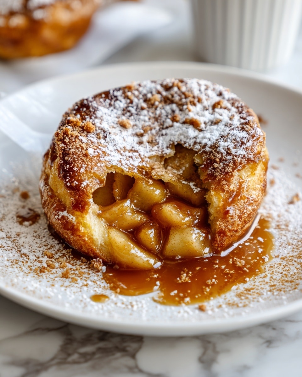 A round baked pastry with a golden brown, slightly cracked crust dusted with white powdered sugar and light brown cinnamon powder sits in the center of a white plate. The pastry is split open, revealing thick, soft apple pieces coated in a glossy, rich caramel sauce that spills slightly onto the plate. The background shows a soft white marbled surface with a blurred white container and another similar pastry. The overall scene feels warm and inviting, highlighting the textures of the crisp crust and the gooey apple filling. photo taken with an iphone --ar 4:5 --v 7