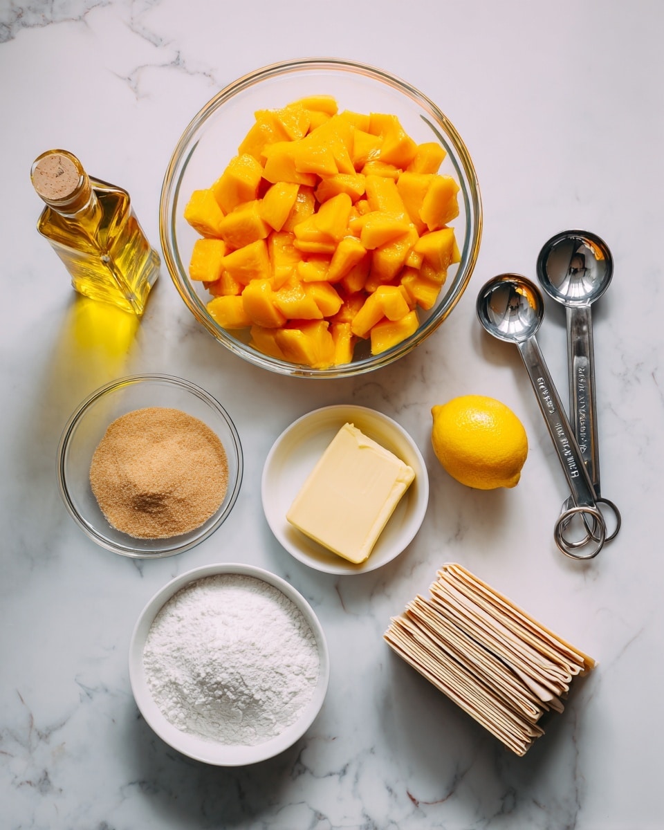 The image shows ingredients neatly arranged on a white marbled surface for a peach dessert. In the center, there is a clear glass bowl filled with bright orange-yellow chopped peaches. To the left, a large plastic bottle of golden yellow canola oil stands next to a small clear glass bowl full of light brown sugar. Below the peaches, a small white bowl holds white cornstarch. To the right of the peaches, there is a thick pat of light yellow butter next to a bright yellow lemon. Above the peaches, two metal measuring spoons lay flat, one with dark brown cinnamon and the other with a small amount of vanilla extract. On the far right, there is a neat stack of beige egg roll wrappers. All the items are arranged carefully with clear labels over them to show what each ingredient is. Photo taken with an iphone --ar 4:5 --v 7