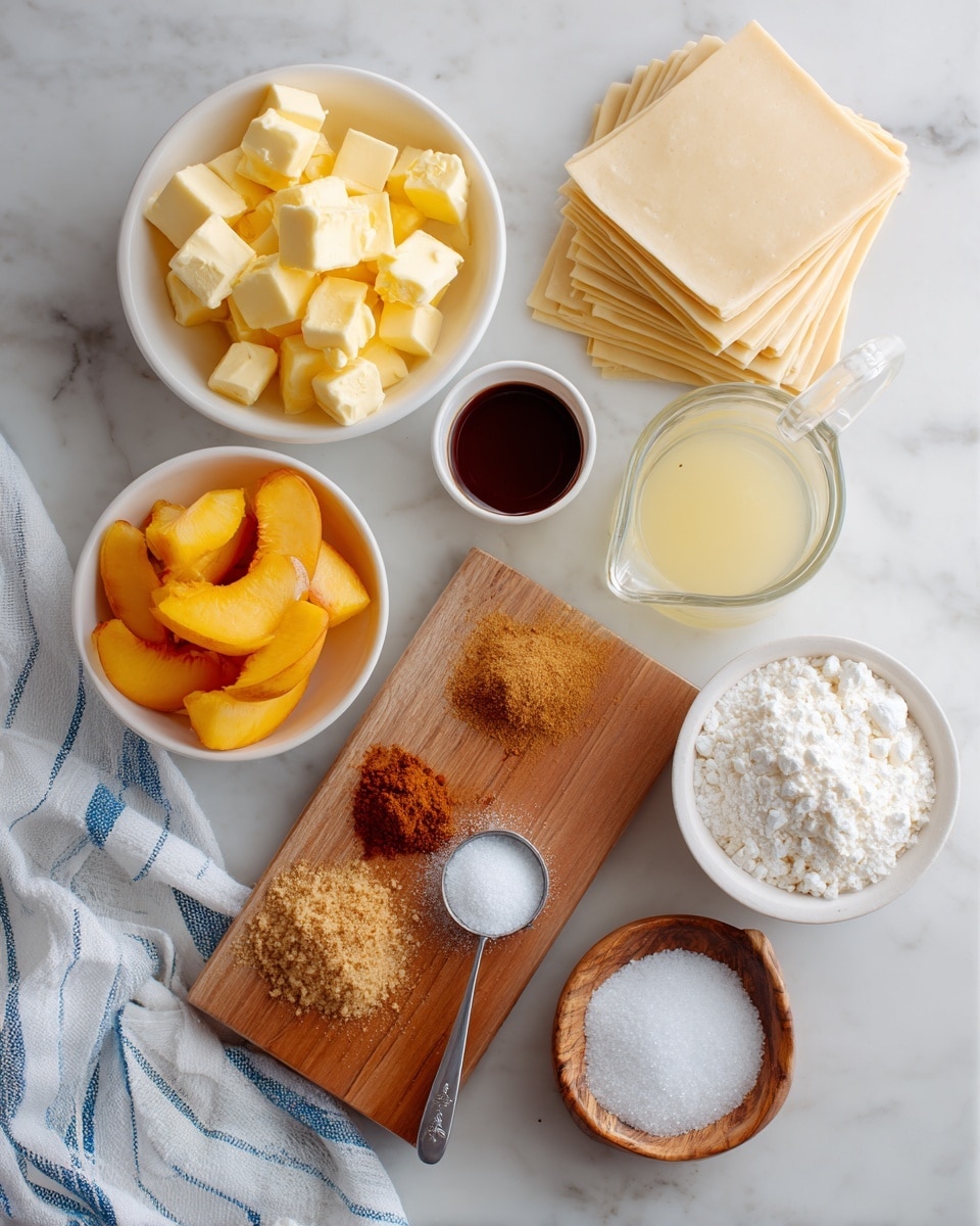 The image shows a flat lay of ingredients arranged on a white marbled surface. On the top right, there is a stack of light beige square pastry sheets, neatly layered one on top of another. Below and to the right, a clear glass measuring cup holds a pale yellow liquid. In the center, a wooden cutting board holds three small piles of spices with warm brown tones and a small heap of white powder, with a metal measuring spoon containing a dark liquid placed across the board. Surrounding the board are three white bowls: one filled with chunks of pale yellow butter, another with golden-orange sliced peaches dusted lightly with frost, and the last with white granulated sugar. Two small square wooden bowls hold fine white salt and white granulated sugar respectively. The ingredients are placed on a white cloth with blue stripes on the left side, photo taken with an iphone --ar 4:5 --v 7