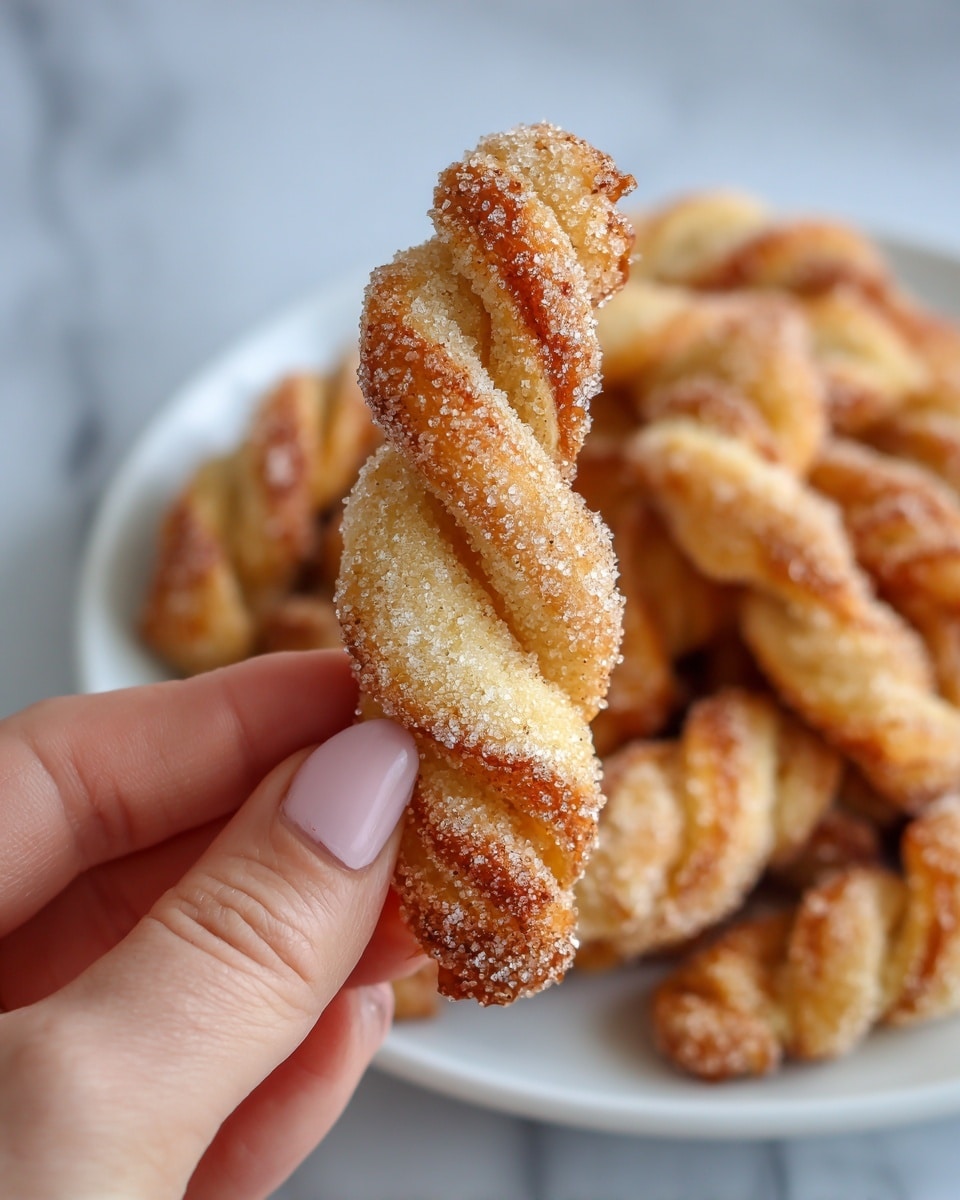 A close-up view of a twisted fried pastry covered in a light layer of sugar and cinnamon, held between a woman's thumb and forefinger. The pastry is golden brown with a rough, grainy texture from the sugar coating. In the background, a white plate is filled with many more twisted pastries that look the same, all placed on a white marbled surface. The focus is on the single pastry, with the rest of the plate softly blurred, highlighting the detailed sugar crystals. photo taken with an iphone --ar 4:5 --v 7