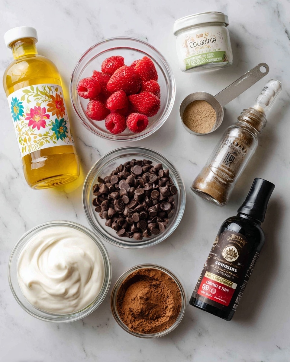 The image shows several ingredients arranged on a white marbled surface. There are clear glass bowls containing three layers: a creamy white yogurt in one bowl, bright red strawberries with some raspberries in another, and small dark brown chocolate chips in a third bowl. Nearby are containers including a bottle of honey with a yellow top and white body featuring a floral design, a jar of white coconut oil with a colorful green and blue label, a small spice jar filled with brown ground cinnamon, a clear measuring scoop with light beige powder, and a black bottle with a red and white label of artificial vanilla extract. photo taken with an iphone --ar 4:5 --v 7