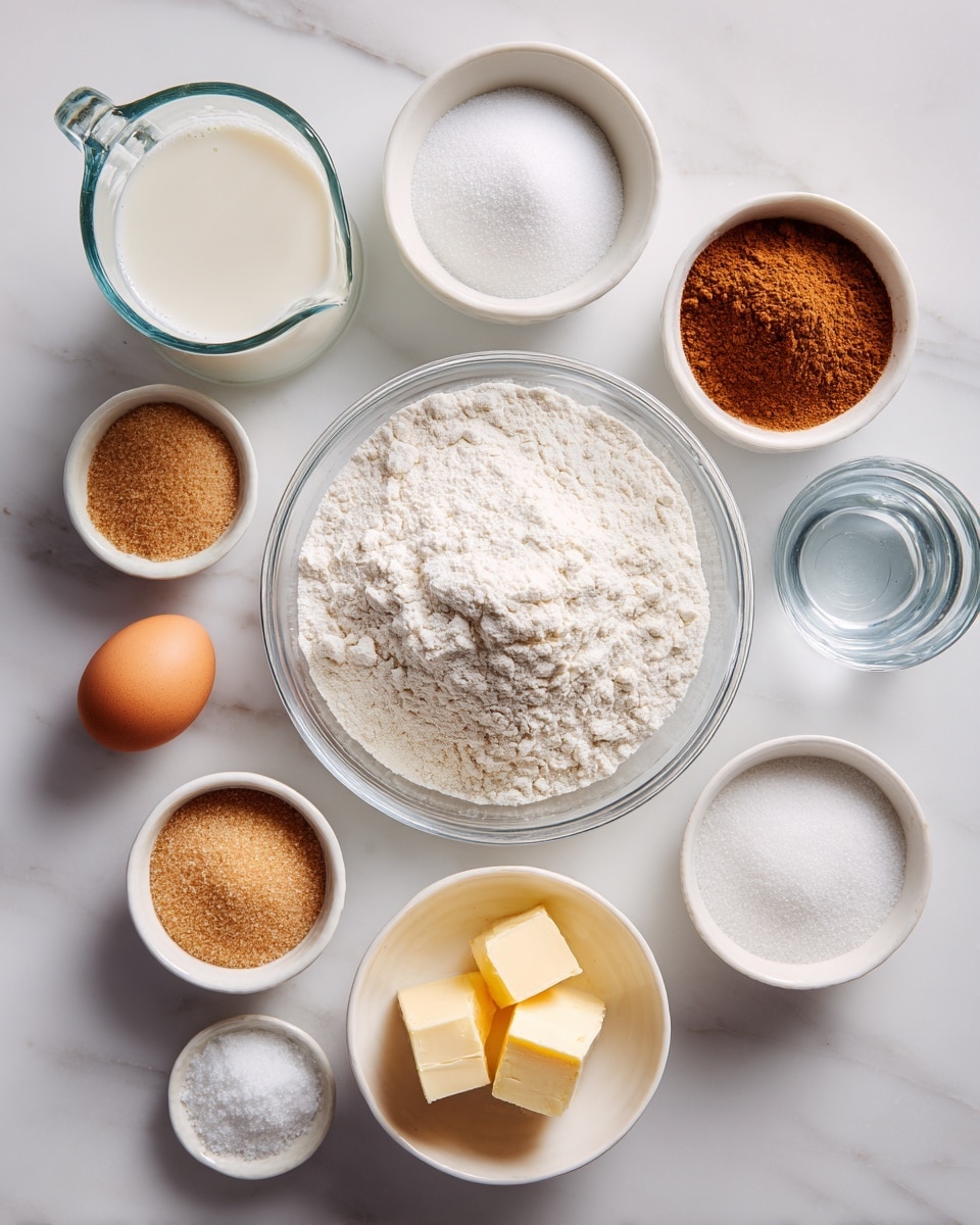 The image shows a white marbled surface with various baking ingredients arranged neatly. In the center is a large clear glass bowl filled with white flour. Above it, a white bowl contains white sugar, and next to it is a small white bowl holding brown cinnamon powder. To the right, a small clear glass holds water. Below the water, a white bowl has a chunk of yellow butter. On the left side of the flour bowl, there is a clear measuring cup with milk inside, and just below the milk, a small white bowl holds light brown sugar. Below the flour bowl, two small white bowls contain salt and baking soda, and a small white bowl to the right of the flour holds yeast. An egg is placed near the center of the arrangement, close to the water and milk. All items are neatly spaced on the white marbled background. photo taken with an iphone --ar 4:5 --v 7