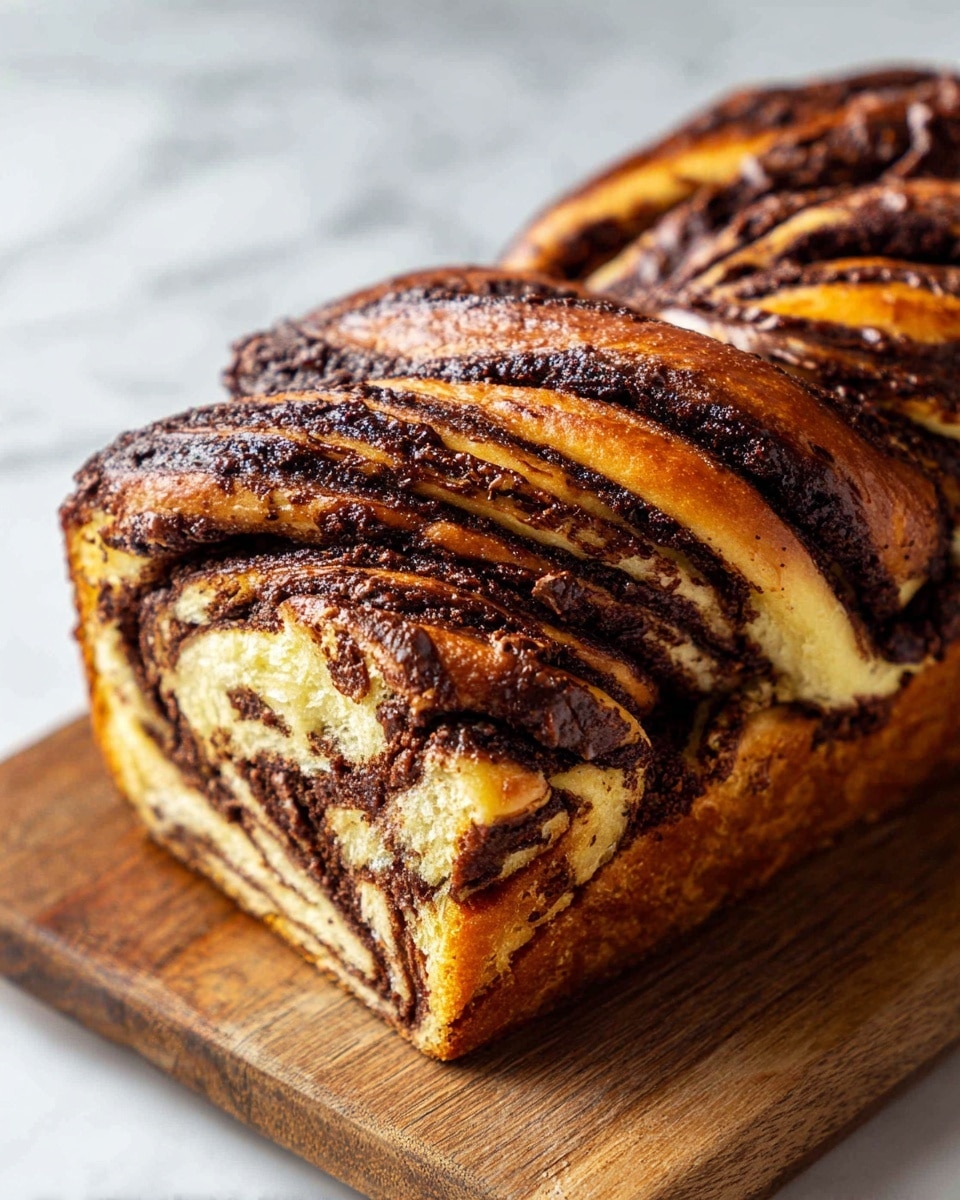 The image shows a close-up of a twisted chocolate babka bread sitting on a wooden surface. The bread has about five visible thick layers, each layer alternating between soft, light tan dough and rich, dark brown chocolate filling. The twisted shape reveals swirls of chocolate running through the bread, giving it a textured and swirled look. The surface appears slightly glossy and textured, showing some darker spots where the chocolate filling is concentrated. The background is a white marbled texture. photo taken with an iphone --ar 4:5 --v 7
