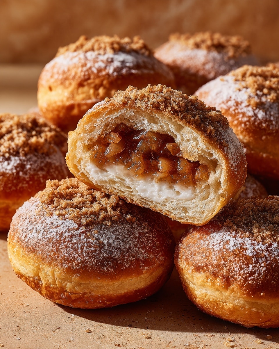 The image shows six round pastries arranged close together on a metal tray. Each pastry has a golden-brown dough base sprinkled with light brown crumbly bits on the outside. In the center of each pastry is a white creamy layer, topped with a dark brown chunky mixture that looks like small cooked fruit pieces, giving a rich texture contrast. The pastries are set on a white marbled surface, with soft lighting casting gentle shadows, enhancing the warm tones of the dough and filling. photo taken with an iphone --ar 4:5 --v 7