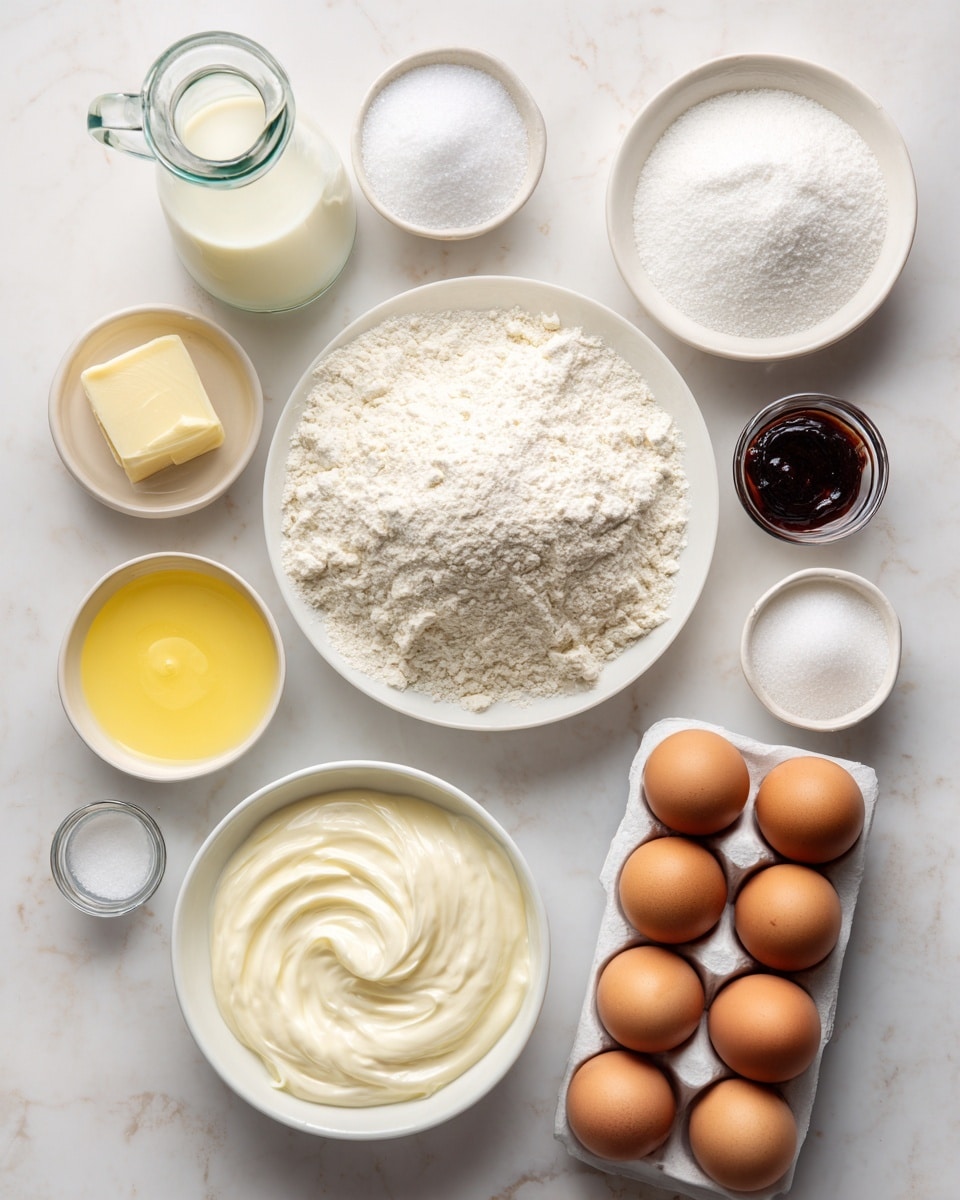 A top view of various baking ingredients arranged on a white marbled texture. In the center, a white bowl holds a mound of plain flour with a powdery texture. To the left, a clear glass jug filled with white whole milk and a glass bottle containing the same milk are placed near a small white bowl of yellow melted butter. Below, a large white bowl is filled with creamy white cream. Next to it is a small bowl of white powdered icing sugar. Above the flour bowl, a tiny white dish contains white salt. On the right, there is a white egg holder with six brown eggs placed neatly. Nearby, two small round bowls hold white granulated sugar and another white powder. Below these, a small cup contains dark vanilla bean paste, and next to it is a small glass bowl with clear liquid. The scene is set on a clean white marbled texture. Photo taken with an iphone --ar 4:5 --v 7