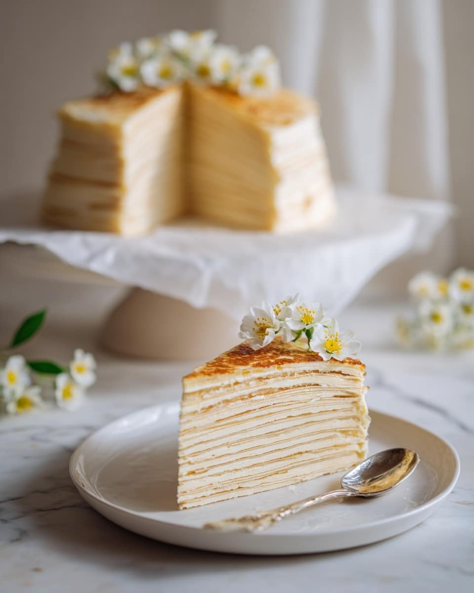 A close-up view of a slice of a multi-layered dessert with about twenty thin, light beige layers stacked evenly, showing delicate texture with slight golden browning on the top layer. The slice sits on a simple white plate with a silver spoon next to it, garnished with small white flowers with yellow centers on the top edge. In the background, the full tall cake is visible with the same many layers and golden top, placed on a white marble cake stand lined with white paper. The setting is on a white marbled surface with soft, natural light highlighting the creamy and flaky texture of the dessert. Photo taken with an iphone --ar 4:5 --v 7