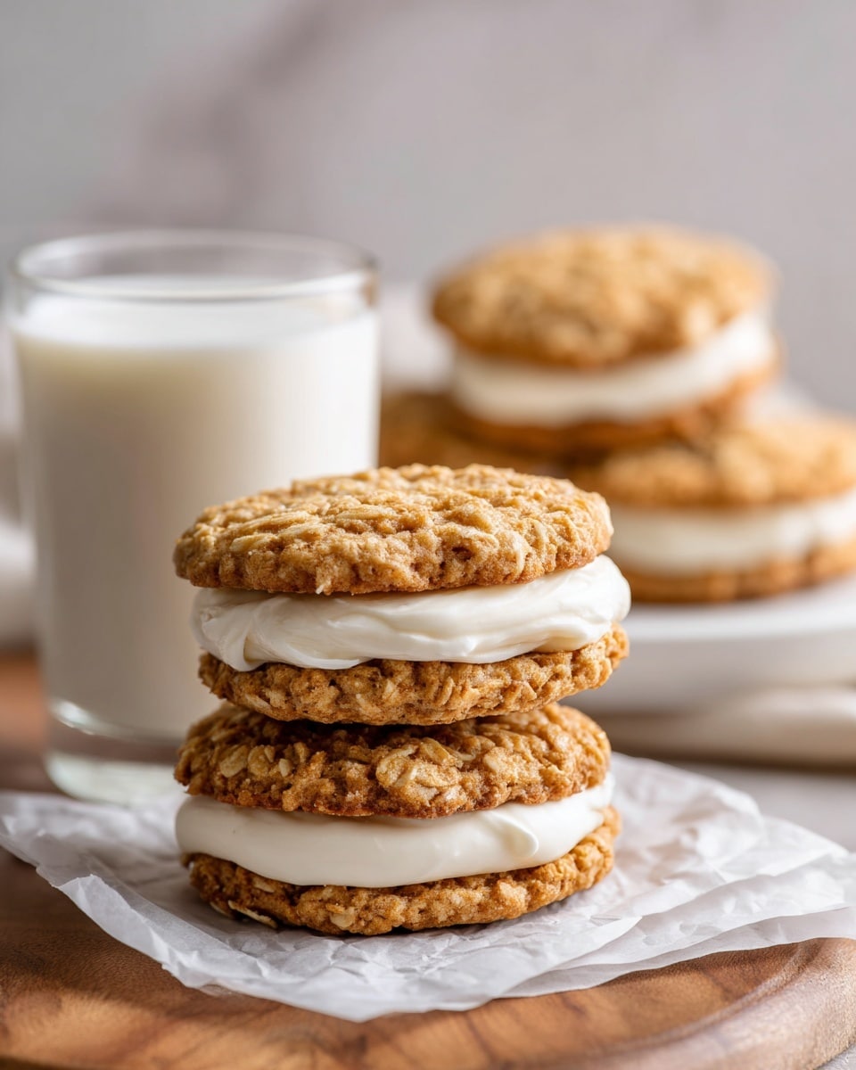The image shows a white plate stacked with six sandwich cookies on a white marbled surface. Each sandwich cookie has two golden brown, textured oatmeal cookie layers with visible oatmeal flakes. Between the cookie layers, there is a thick, smooth, white cream filling evenly spread. In the background, there is a blurred glass of white milk. The lighting highlights the cookie texture and the creamy filling, making it look fresh and appetizing. photo taken with an iphone --ar 4:5 --v 7