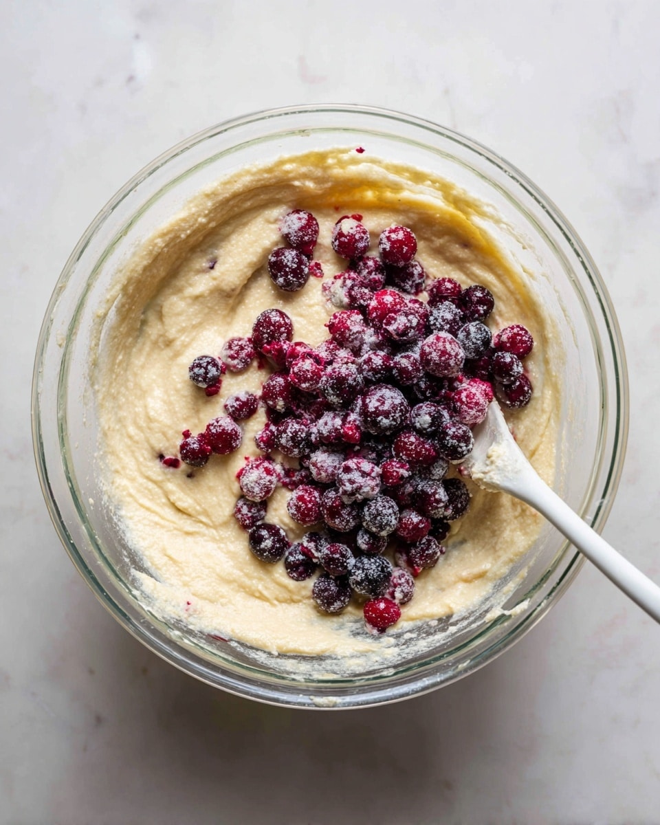 In a clear glass bowl, light beige batter fills the bottom and sides smoothly with a creamy, thick texture; on top, there is a cluster of small, dark purple and deep red berries scattered mainly on the right half, some with a frosty look. A white mixing spoon is partly visible on the right side, slightly covered by the batter and berries. The bowl rests on a white marbled surface. Photo taken with an iphone --ar 4:5 --v 7
