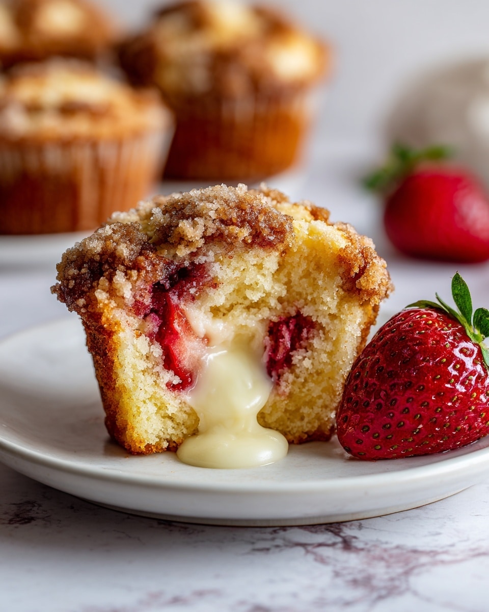 A close-up of a strawberry muffin with two layers: the bottom layer is light golden cake with bright red strawberry pieces inside, and the top layer has a crumbly, golden-brown streusel with sugar crystals. The muffin has a creamy white filling oozing from the center. It sits on a white plate with a fresh, red strawberry on the side. The background has a white marbled texture with blurred muffins in the distance. Photo taken with an iphone --ar 4:5 --v 7