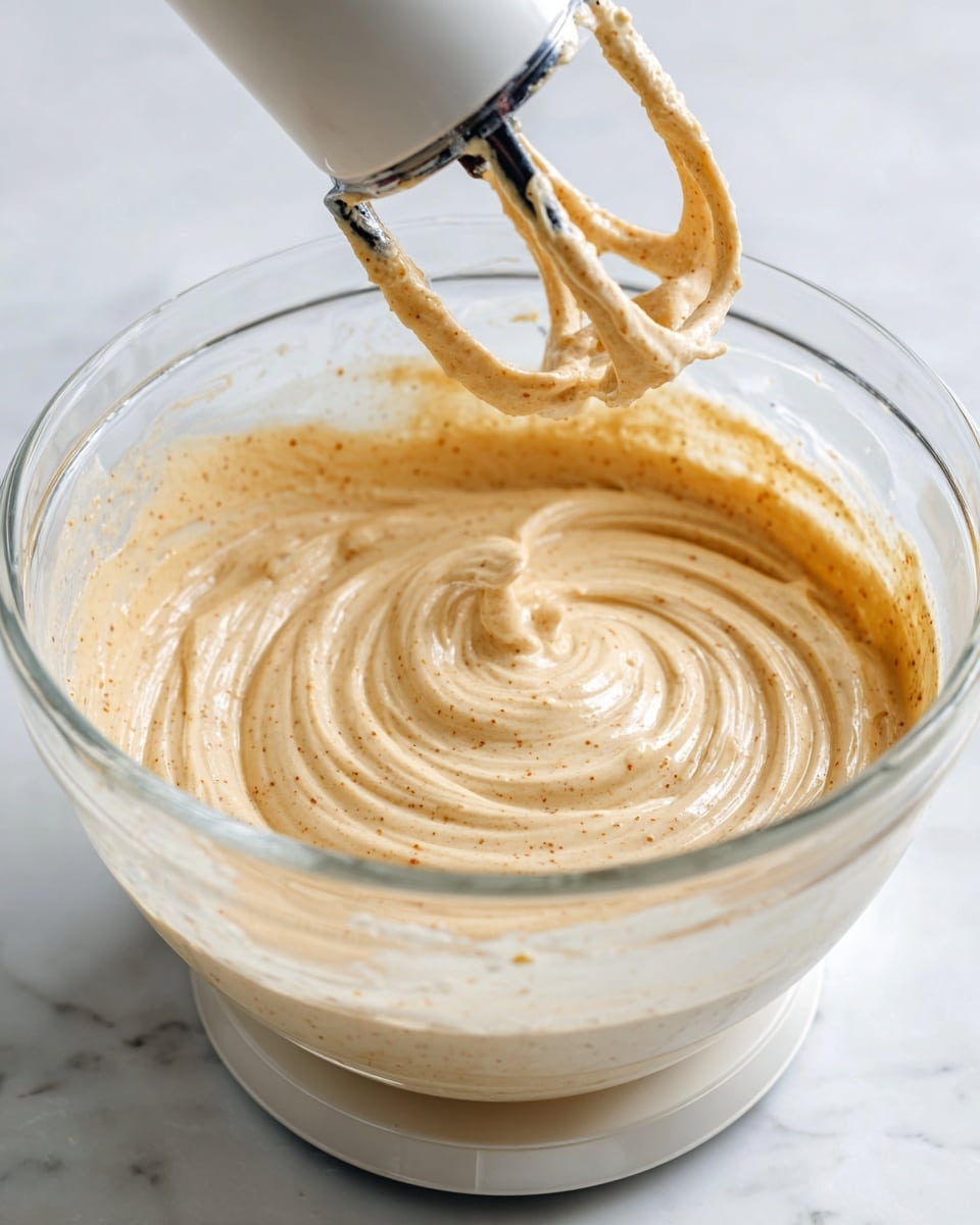 The image shows a clear glass mixing bowl filled with smooth, light tan batter with small specks inside. The batter has soft swirled patterns on the surface, showing its creamy and thick texture. A white electric hand mixer with a black edge beater attachment is lifted above the bowl, coated with some batter. The bowl sits on a white base on a white marbled surface. The photo taken with an iphone --ar 4:5 --v 7