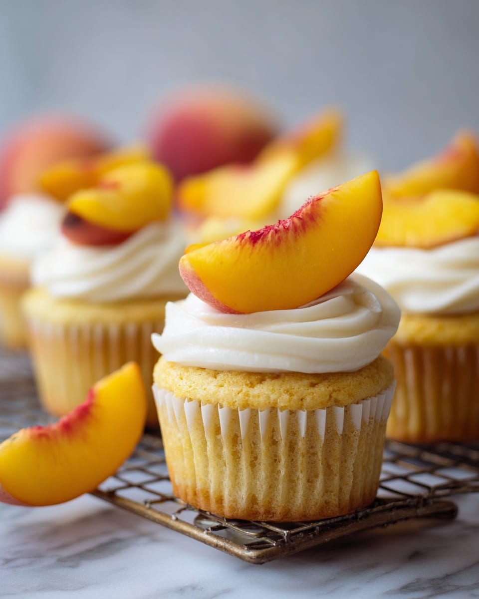 This image shows seven peach cupcakes arranged on a metal cooling rack over a white marbled surface. Each cupcake has two layers: the base is a light brown cupcake with bits of peach inside, and on top there is a thick layer of smooth white frosting. Each cupcake is garnished with a single triangular slice of fresh peach placed at an angle. In the background, two whole peaches add a touch of deep red and orange color, slightly blurred to keep focus on the cupcakes. photo taken with an iphone --ar 4:5 --v 7