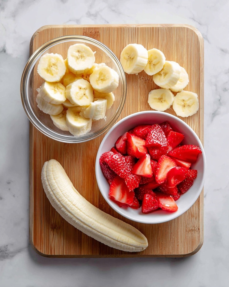 The image shows a top view of a wooden cutting board on a white marbled surface. On the left side of the board, there is a clear glass bowl filled with peeled and sliced banana pieces, with some slices spread around it on the board. Next to the bowl, in the middle of the board, there is a half-peeled banana placed horizontally. On the right side, there is a white bowl full of bright red, sliced strawberries. The strawberries look fresh with a shiny texture and vibrant color, filling the bowl completely. The whole scene has a fresh and clean look. photo taken with an iphone --ar 4:5 --v 7