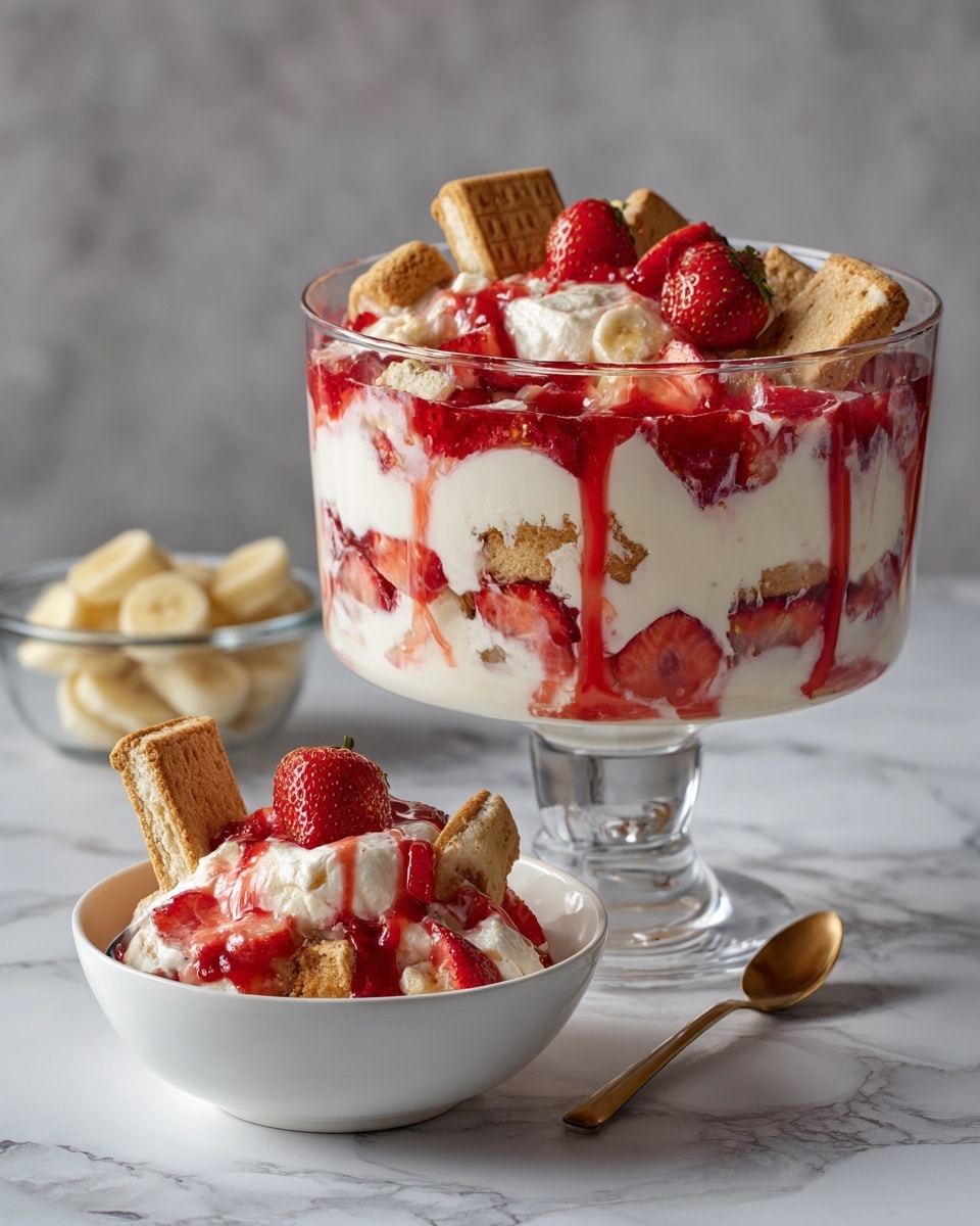 The image shows a layered dessert served both in a large glass trifle bowl and a smaller white bowl. The trifle bowl has a layer of sliced red strawberries pressed against the glass, followed by a thick creamy white layer mixed with red syrup drizzled unevenly inside. There are visible pieces of beige cookies layered within the cream and strawberry mix. The white bowl in front contains a smaller portion of the same dessert, with a visible cookie standing upright, fresh strawberries, and cream topped with red syrup. Both bowls sit on a white marbled surface. In the background, a small glass bowl filled with sliced bananas is slightly visible. The scene is well-lit, capturing the textures of creamy layers, fresh fruit, and crunchy cookies. photo taken with an iphone --ar 4:5 --v 7