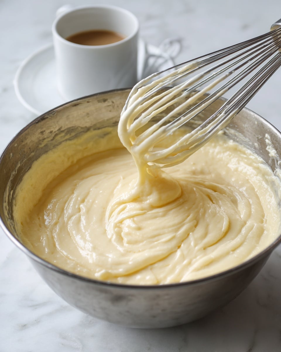 A close-up view of a silver metal bowl filled with smooth, pale yellow batter. The batter has a creamy texture and is being stirred by a metal whisk, with thick layers of batter clinging to the whisk's wires. The bowl sits on a white marbled textured surface, and part of a white cup is visible in the upper left corner. The scene captures the moment of mixing with soft lighting and a slight shadow inside the bowl. photo taken with an iphone --ar 4:5 --v 7