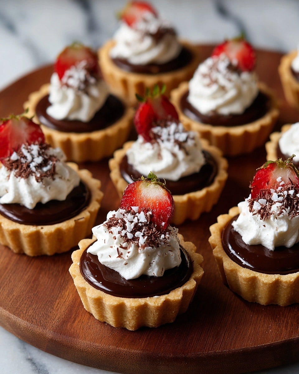 Two images show small tartlets on a black cooling rack over a white marbled surface. Each tartlet has three layers: a light brown, crisp crust on the bottom, a shiny, dark chocolate filling in the middle, and a fluffy white cream on top. In the left image, a woman's hand is squeezing white cream from a piping bag onto the chocolate filling on the tartlets. In the right image, a woman's hand is placing a bright red strawberry on top of the cream layer of one tartlet. The tartlets are arranged closely together in neat rows on the rack. photo taken with an iphone --ar 4:5 --v 7