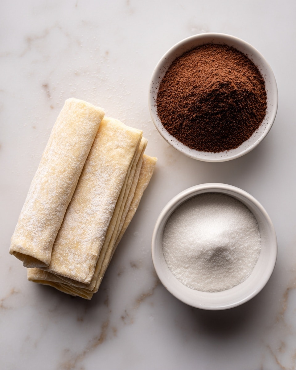 The image shows three main ingredients on a white marbled surface: on the left, a folded block of light beige puff pastry with a slightly powdery texture; on the right, a small white bowl filled with dark brown ground cinnamon powder, placed above another white bowl filled with fine white sugar. Each ingredient is clearly separated and labeled with bold black text above or beside them. photo taken with an iphone --ar 4:5 --v 7