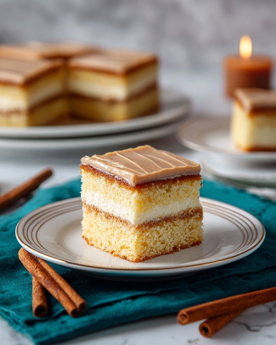 The image shows six square pieces of layered dessert arranged neatly on a white rectangular plate. Each piece has three layers: the top and bottom layers are light golden-yellow cake with a soft texture, while the middle layer is a rich brown, smooth filling. The top layer has a light brown, slightly glossy frosting spread evenly. The plate is placed on a dark teal cloth with two cinnamon sticks lying in the foreground. The background features a soft white marbled texture and a warm amber candle flame in a brownish glass holder. Another plate with a single piece of the same dessert is blurred in the background. Photo taken with an iphone --ar 4:5 --v 7