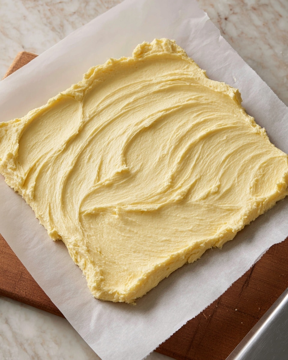 A flat, even layer of pale yellow dough or batter spread smoothly on a sheet of white parchment paper. The texture looks soft and slightly thick with gentle swirls and curves from spreading. The edges are roughly squared with some unevenness, and the surface beneath is a wooden table, replaced here by a white marbled texture. There is also a blurred metal spreading tool at the bottom right edge, partially visible. Photo taken with an iphone --ar 4:5 --v 7