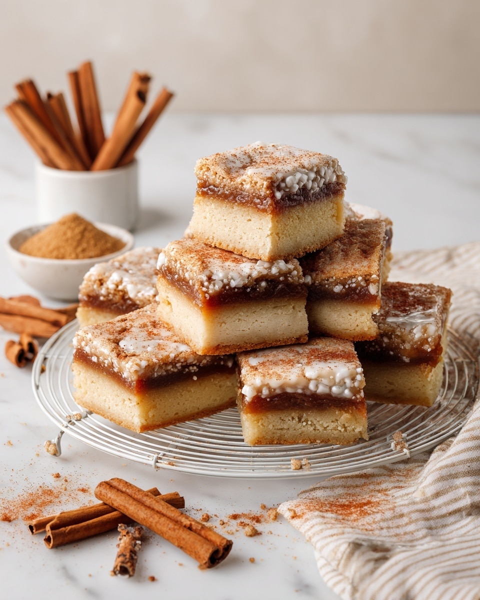 The image shows several square-shaped dessert bars with three visible layers: a light yellow base layer of dense cake, a thin middle layer of dark brown cinnamon sugar filling, and a top layer of light tan frosting with a slightly rough texture and a sprinkling of salt flakes. The bars are stacked closely together on a white marbled surface, showing a soft and crumbly texture on the cake layers. The background also contains blurred hints of a cinnamon stick and some crumbs. Photo taken with an iphone --ar 4:5 --v 7