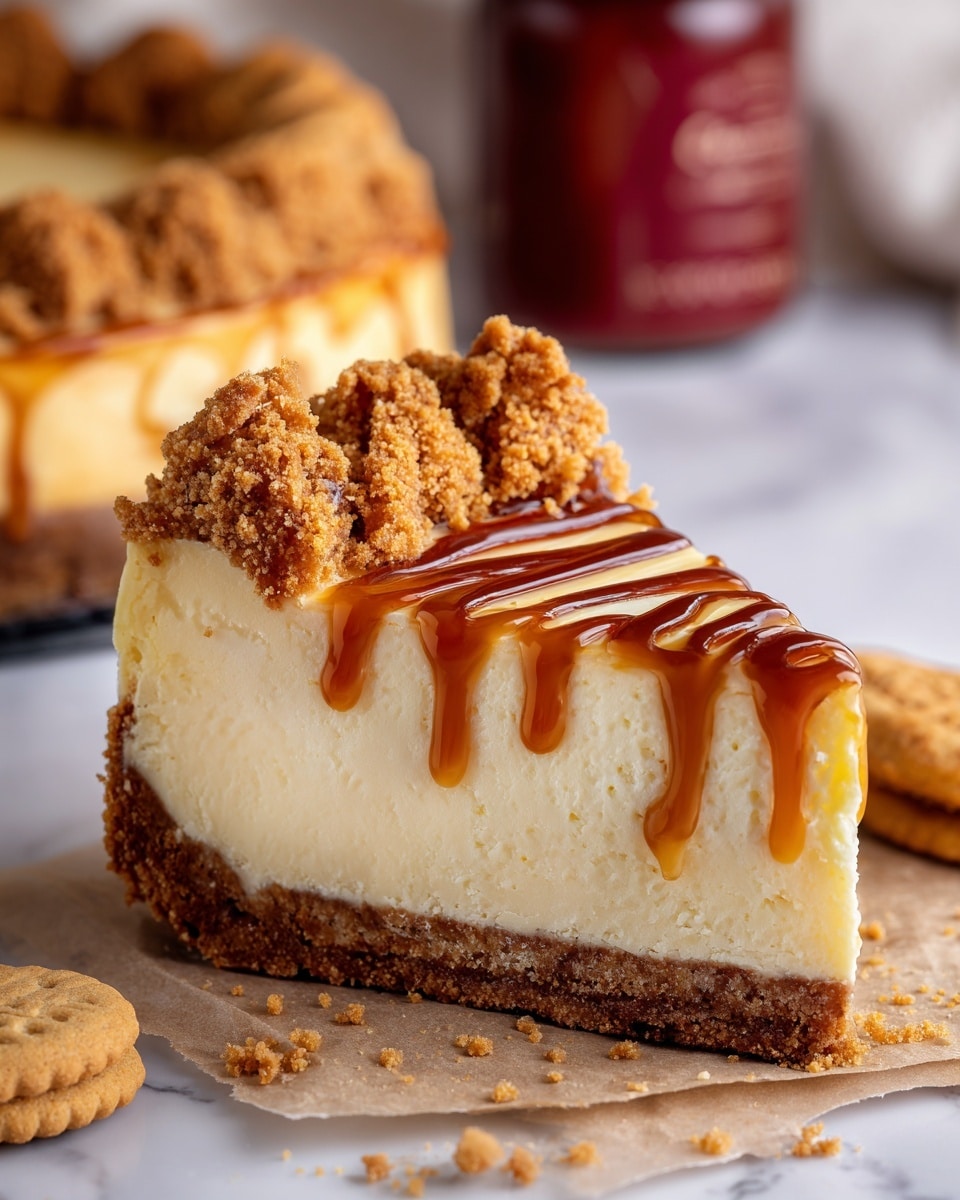 The image shows a round layered dessert with three clear layers. The bottom layer is a firm, crumbly brown base, the middle is a thick, smooth pale cream layer, and the top layer is a glossy light brown spread covered by a ring of crumbly darker brown crumbs around the edges. The dessert sits on a piece of light brown parchment paper over a white marbled surface. In the blurry background, a red container with biscuit crumbs and a jar with a red label are visible. Some whole biscuits and scattered crumbs are placed in the bottom right corner. Photo taken with an iphone --ar 4:5 --v 7