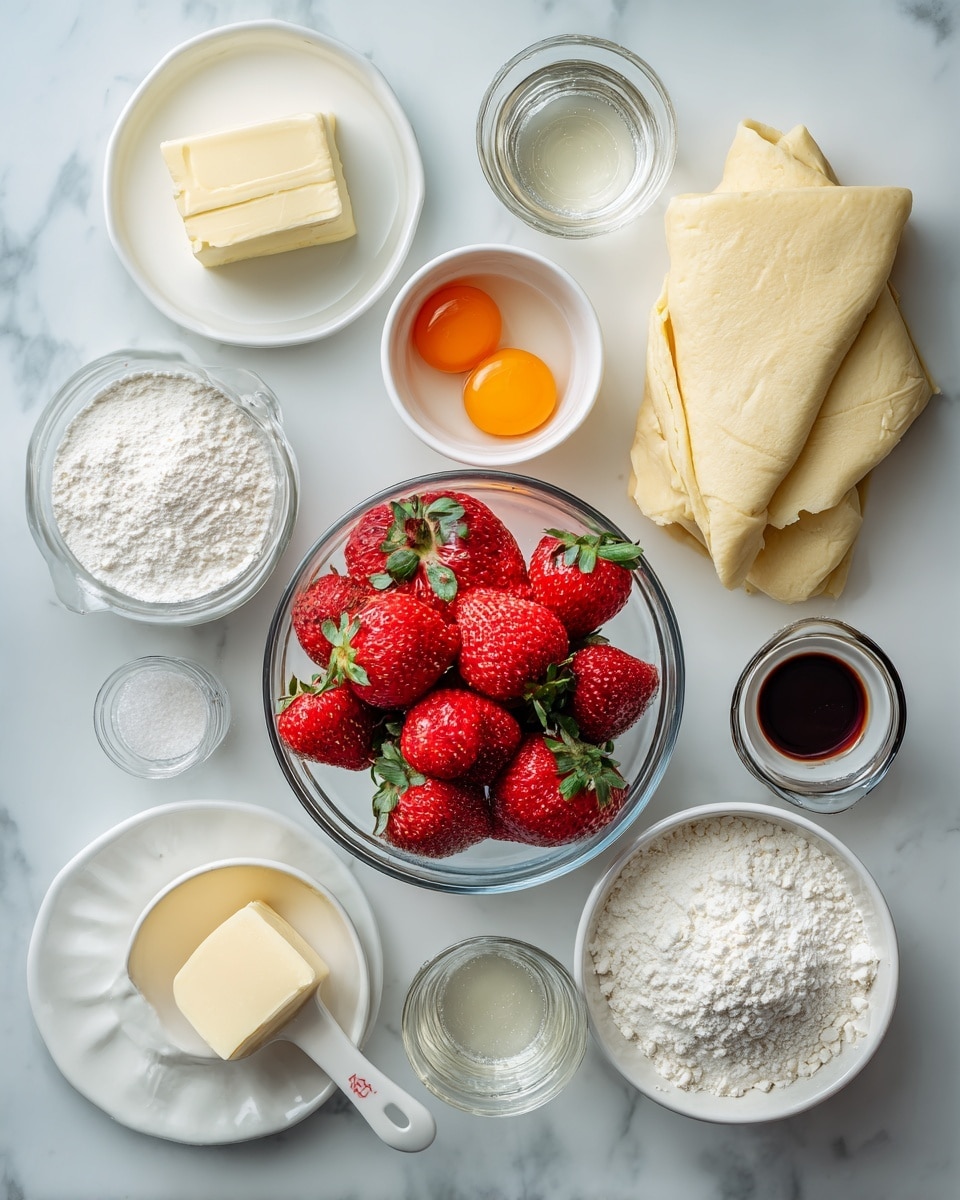 The image shows various ingredients neatly arranged on a white marbled surface. In the center, a clear glass bowl holds several bright red strawberries with green leaves. Surrounding the strawberries are white measuring cups and bowls containing different powders and liquids: one with two orange egg yolks, one with white powdered sugar, a small amount of dark liquid in a tiny white bowl, white flour, and a white powder (likely cornstarch). There is a small piece of pale yellow butter placed on a white round dish to the left. To the right side of the image, two glasses filled with a clear liquid are placed, along with a folded sheet of pale yellow pastry dough. The arrangement is neat and gives a fresh and clean look. photo taken with an iphone --ar 4:5 --v 7