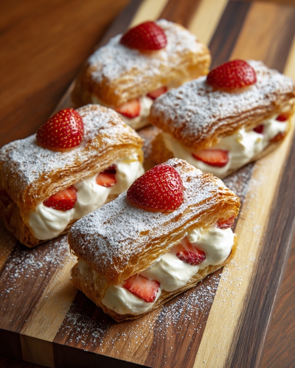 Four rectangular pastry pieces are placed side by side on a wooden board with alternating light and dark wood strips. Each pastry has a golden-brown flaky crust dusted with white powdered sugar on top. A halved bright red strawberry sits on top center of each pastry. Inside the pastries, white cream and small pieces of red strawberries are visible, layered between the folded crust. Some powdered sugar is scattered around the pastries on the board. photo taken with an iphone --ar 4:5 --v 7
