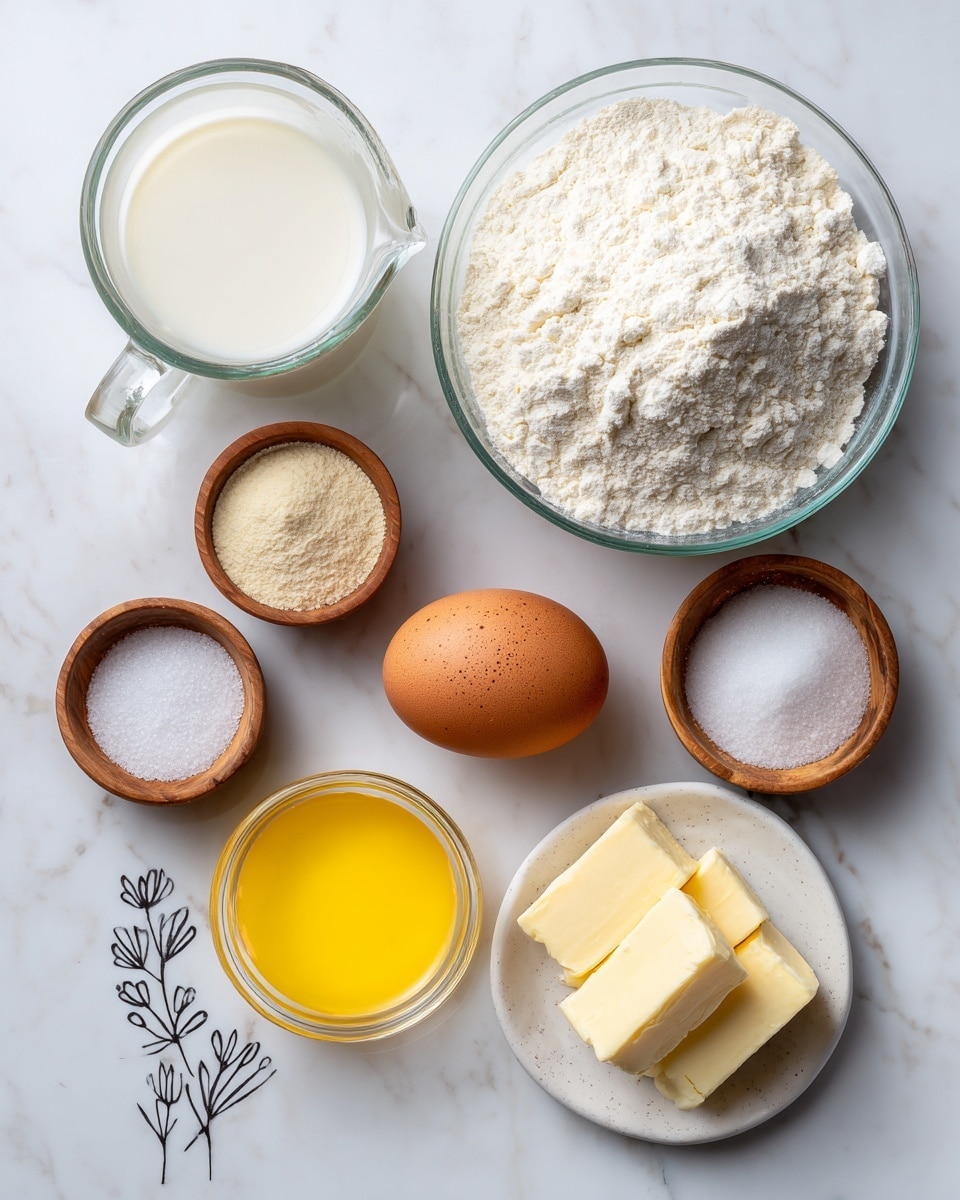 The image shows several baking ingredients arranged on a white marbled surface. There is one clear glass bowl filled with a large amount of white all-purpose flour with a slightly grainy texture in the upper right. To the left of it is a clear glass measuring cup filled nearly three-quarters with smooth whole milk. Below the measuring cup are three small round wooden bowls: one holding a fine, light beige yeast powder, another with white granulated sugar, and the third containing white salt. In the center near the bottom is a single large brown-speckled egg resting on the surface. To the right of the egg is a small clear glass bowl filled with bright yellow melted butter, smooth and shiny. At the bottom left is a small white plate with a simple black botanical design, holding three chunks of pale yellow softened butter. The ingredients are neatly placed, and the background is a clean white marbled texture. photo taken with an iphone --ar 4:5 --v 7